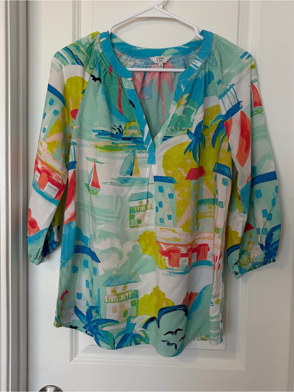 Crown & Ivy Aqua Multi Coastal Print Tunic Size S